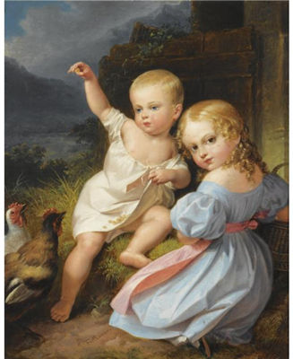 Leopold Fertbauer : AN INFANT BOY AND A GIRL IN A BLUE DRESS FEEDING CHICKENS