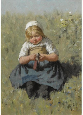 Adolph Artz : A GIRL PLAYING WITH A DOLL