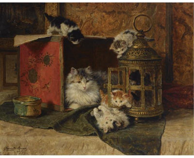 Henriette Ronner : A MOTHER CAT WATCHING HER KITTENS PLAYING