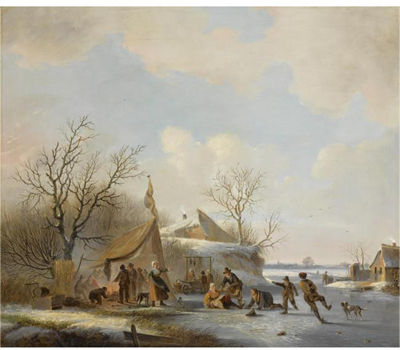 Jacobus Van Der Stok : FIGURES ON THE ICE NEAR A 'KOEK EN ZOPIE'