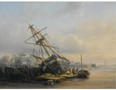 Hendrik Adolf Schaep : FIGURES AT WORK IN A HARBOUR