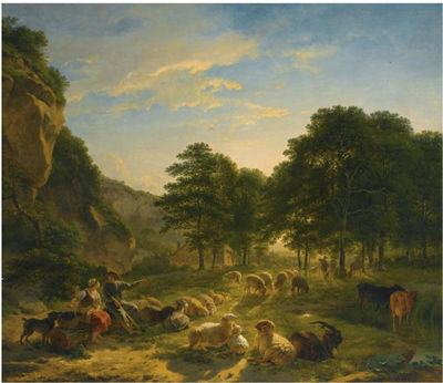 Balthasar Paul Ommeganck : SHEPHERDS AND THEIR FLOCK RESTING IN A LANDSCAPE