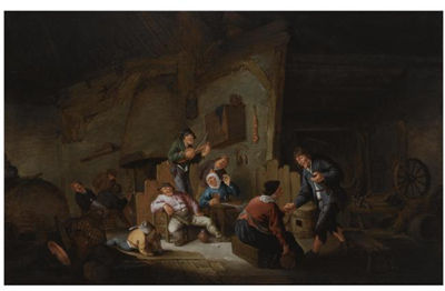 Anthonie Victoryns : A BARN INTERIOR WITH PEASANTS MAKING MUSIC, DRINKING AND DANCING