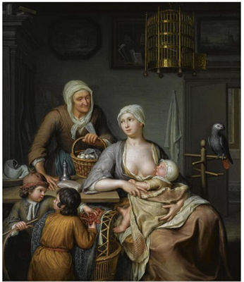 Hieronymus Van Der Mij : A MOTHER NURSING A CHILD IN AN INTERIOR, TOGETHER WITH TWO YOUNG BOYS TAKING CHERRIES AND AN ELDERLY WOMAN BRINGING A BASKET WITH EGGS