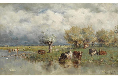 Willem Roelofs : COWS IN A POLDER LANDSCAPE