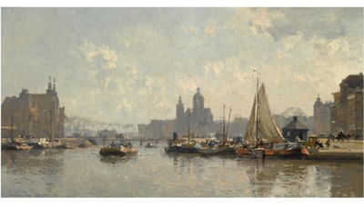 Cornelis Vreedenburgh : MOORED BOATS ON THE PRINS HENDRIKKADE IN AMSTERDAM, THE SINT NICOLAAS CHURCH IN THE BACKGROUND