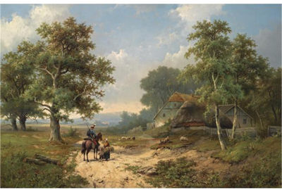 Hendrik Pieter Koekkoek : CONVERSING FIGURES IN A SUMMER LANDSCAPE, GUILDFORD