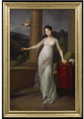 Johann Friedrich August Tischbein : PORTRAIT OF AMALIE VON LEVETZOW, NÉE VON BRÖSIGKE, LATER COUNTESS OF KLEBELSBERG (1788-1868), STANDING FULL LENGTH ON A TERRACE, WEARING A WHITE SILK DRESS WITH A PINK SHAWL, WITH A DOVE