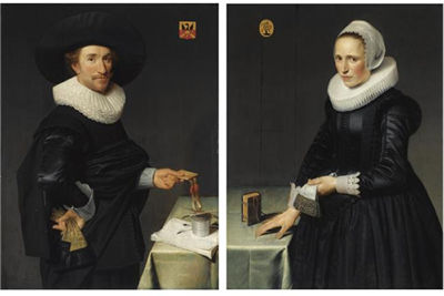 Willem Willemsz Van Der Vliet : A PORTRAIT OF WILLEM REYERSZ. DE LANGUE (1599-1656), STANDING THREE-QUARTER LENGTH, HOLDING GLOVES IN HIS RIGHT HAND AND NOTARY PAPERS IN HIS LEFT, WEARING A BLACK SUIT WITH A BLACK HAT, NEXT TO A TABLE;A PORTRAIT OF HIS WIFE MARIA PIJNACKER (1599-1678),