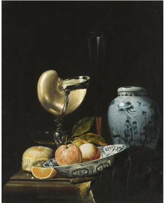 Juriaan van Streek : STILL LIFE WITH PEACHES AND AN ORANGE IN A PORCELAIN WAN-LI KRAAK BOWL, A CHINESE OVOID SHAPED PORCELAIN JAR, AND A SILVER-GILT NAUTILUS CUP, TOGETHER WITH A FLUIT AND ANOTHER GLASS, A BREAD ROLL AND A KNIFE, ALL ON A STONE TABLE PARTLY DRAPED WITH A BLAC