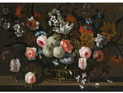 Simon Hardime : STILL LIFE OF ROSES, DAFFODILS, MORNING GLORY, HYDRANGEA, SNOWBALLS, AND OTHER FLOWERS IN A BASKET ON A STONE LEDGE