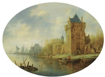 Pieter Neyn : A RIVER LANDSCAPE WITH A FORTIFIED TOWN ON THE RIVER BANKS, FISHERMEN IN THE FOREGROUND, SHIPPING BEYOND; Oval