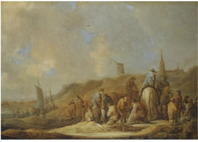 Benjamin Gerritsz Cuyp : A COASTAL SCENE WITH FISHERMEN AND THEIR CATCH IN THE SAND DUNES