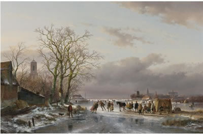 Andreas Schelfhout : NUMEROUS SKATERS AND A HORSE-SLEDGE BY A REFRESHMENT STALL, A TOWN IN THE DISTANCE