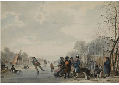 Jan Langendijk : MANY SKATERS ON THE ICE, A 'KOEK EN ZOPIE' IN THE DISTANCE