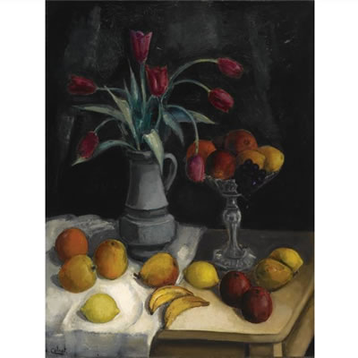 Arnout Colnot : A STILL LIFE WITH FRUIT AND TULIPS ON A TABLE