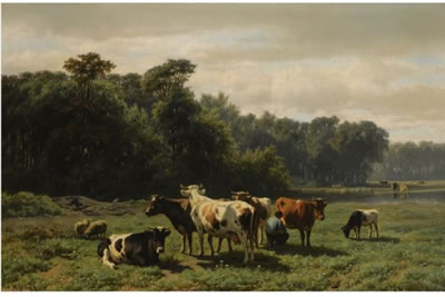 Hendrick Savry : A PEASANT WITH CATTLE IN A SUNLIT MEADOW