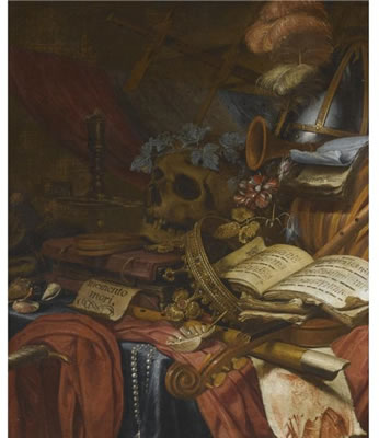 Vincent Laurensz Vinne : A VANITAS STILL LIFE WITH A FLUTE, A SKULL, MUSIC SHEETS, A GOLD CROWN, A DAGGER, SHELLS AND OTHER OBJECTS, ALL ARRANGED ON A PARTLY DRAPED TABLE