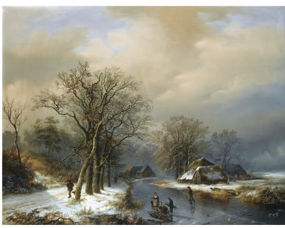 Willem Bodeman : A WINTER LANDSCAPE WITH WOODGATHERERS ON THE ICE