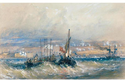 Sir Oswald Walter Brierly : MEETING OF ENGLISH AND RUSSIAN FLAGS OF TRUCE OFF SEBASTOPOL DURING THE CRIMEAN WAR