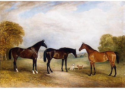 Claude Lorraine Ferneley : THREE BAY HUNTERS IN A LANDSCAPE WITH TWO DOGS