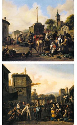 Johannes Lingelbach : A ROMAN STREET SCENE WITH A VEGETABLE MARKET; A ROMAN STREET SCENE WITH MARKET STALLS AND STROLLING PLAYERS (A Pair)