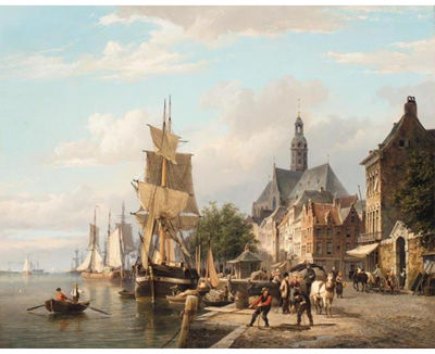 Cornelis Christiaan Dommelshuizen : TALLSHIP MOORED BY A QUAYSIDE