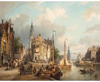 Cornelis Christiaan Dommelshuizen : A VIEW OF THE OUDESCHANS WITH THE ZUIDERKERK AND THE MONTELBAANSTOREN IN THE DISTANCE, AMSTERDAM