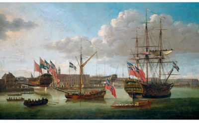 John (The Elder) Cleveley : DEPTFORD DOCKYARD, SHOWING THE LAUNCH OF THE MEDWAY, 1754