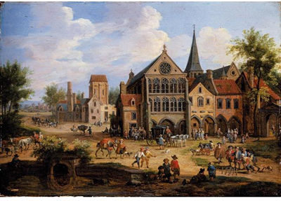 Pieter Bout : A CROWDED TOWN SCENE WITH PEASANTS PLAYING SKITTLES IN FRONT OF A CHURCH