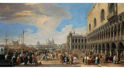 Luca (Carlevarijs) Carlevaris : VENICE, A VIEW OF THE MOLO WITH THE DOGE'S PALACE LOOKING WEST TOWARDS THE ZECCA AND THE CHURCH OF SANTA MARIA DELLA SALUTE IN THE DISTANCE