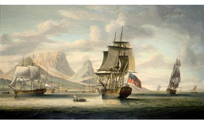 Robert Dodd : H.M.S. SOUTHAMPTON ANCHORED OFF CAPE TOWN WITH TABLE MOUNTAIN IN THE DISTANCE