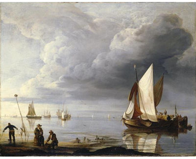 Hendrik Jacobsz Dubbels : SMALL DUTCH VESSELS IN A CALM, MEN COLLECTING MUSSELS ON THE SHORE