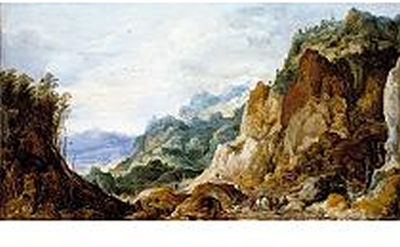 Joos De Momper II : A PANORAMIC MOUNTAINOUS LANDSCAPE WITH JOURNEYMEN GIVING TO THE POOR, PACKHORSES BEYOND