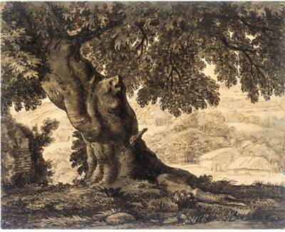 Alexander Cozens : AN OAK TREE WITH COTTAGES BEYOND