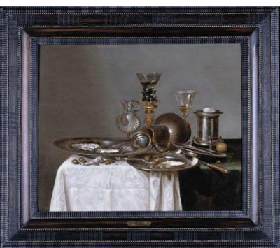 Cornelis Mahu : A STILL LIFE WITH A ROEMER, A WINE GLASS, AN ICE BUCKET, THREE PEWTER DISHES AND OTHER OBJECTS, ALL ARRANGED ON A PARTLY DRAPED TABLE