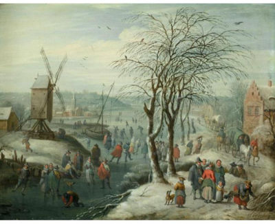 Karel (Charles) Beschey : A WINTER LANDSCAPE WITH SKATERS ON A FROZEN RIVER, A VILLAGE AND WINDMILL BEYOND