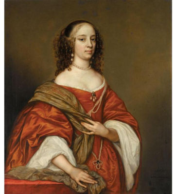 Adriaen Hanneman : PORTRAIT OF A LADY, THREE-QUARTER LENGTH, WEARING PEARLS AND AN ORANGE DRESS