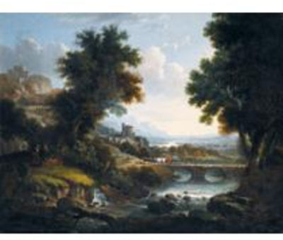 George (of Chichester) Smith : AN EXTENSIVE ITALIANATE LANDSCAPE WITH GYPSIES IN THE FOREGROUND