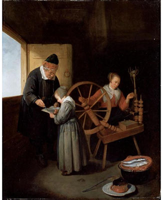 Quiringh Gerritsz Brekelenkam : INTERIOR WITH A SCHOOL MASTER TEACHING A YOUNG GIRL TO READ, ANOTHER GIRL SEATED AT A SPINNING WHEEL