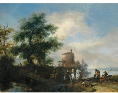 Philips Wouwerman : A RIVER LANDSCAPE WITH A GENTLEMAN AND LADY RIDING TO THE CHASE, WITH A PILGRIM ASKING FOR ALMS IN THE FOREGROUND, OTHER MEMBERS OF THE HUNTING PARTY CROSSING A WOODEN BRIDGE, A TOWER BEYOND