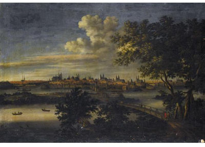 Wilhelm Van Bemmel : A PANORAMIC VIEW OF MAGDEBURG SEEN FROM ACROSS THE RIVER ELBE, WITH FIGURES CROSSING A BRIDGE IN THE FOREGROUND