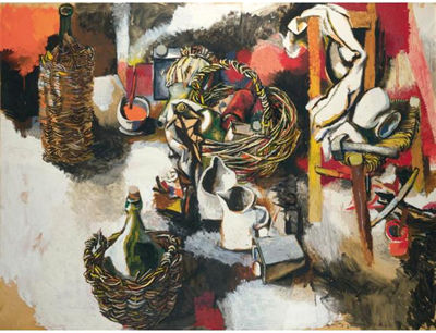 Renato Guttuso : INTERNO CON ACCESSORI DI STUDIO (DAMIGIANA, CESTO E SEDIA)