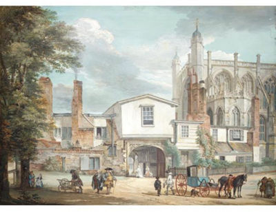 Paul Sandby : THE ENTRANCE TO THE HORSESHOE CLOISTER WITH THE WEST END OF ST. GEORGE'S CHAPEL, WINDSOR