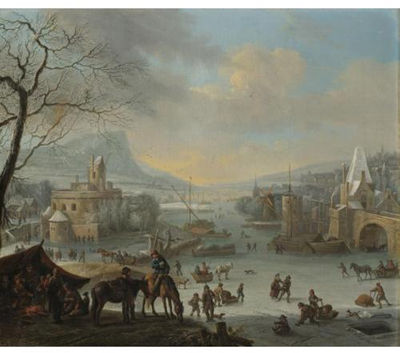 Robert Griffier : An extensive winter landscape with skaters on a frozen river and peasants warming themselves near a fire in the foreground