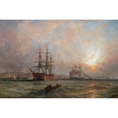 Claude T Stanfield Moore : A man of war at anchor off Scarborough