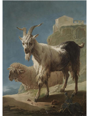 Philipp Peter Roos : A GOAT AND A SHEEP IN AN ITALIANATE LANDSCAPE