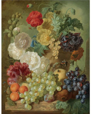 Jan van Os : A STILL LIFE WITH HOLLYHOCKS, POPPIES, AN ANEMONE, OTHER FLOWERS AND WHITE-CURRANTS IN A TERRACOTTA VASE, WITH APRICOTS, WHITE AND BLACK GRAPES, POMEGRANATES AND A PLUM, ALL ARRANGED ON A MARBLE LEDGE