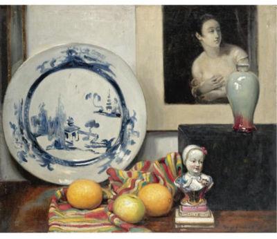 Denys George Wells : STILL LIFE WITH A BLUE & WHITE DISH, VASE AND FRUIT OF A STRIPED CLOTH