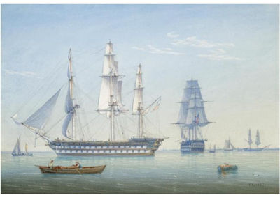 William Joy : TWO 64-GUN BRITISH MEN-OF-WAR SHIPS IN A CALM WITH OTHER SHIPPING